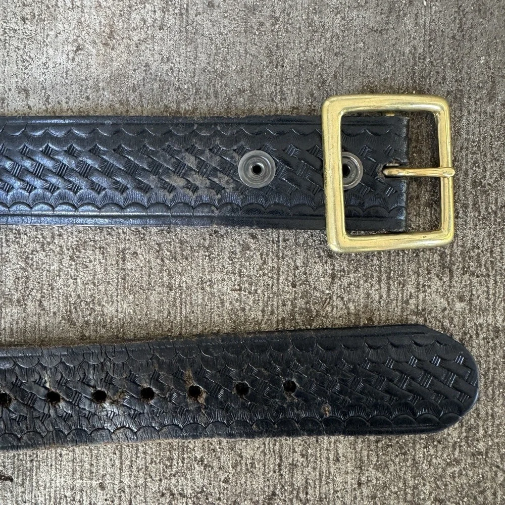 Vintage Black Leather Belt Brass Square Buckle Western Biker Sz 32 50s 60s